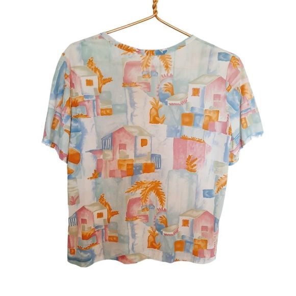 Vintage 70s Top Medium to Large Slinky Knit Pastel Tropical Print Short Sleeve - Picture 4 of 6